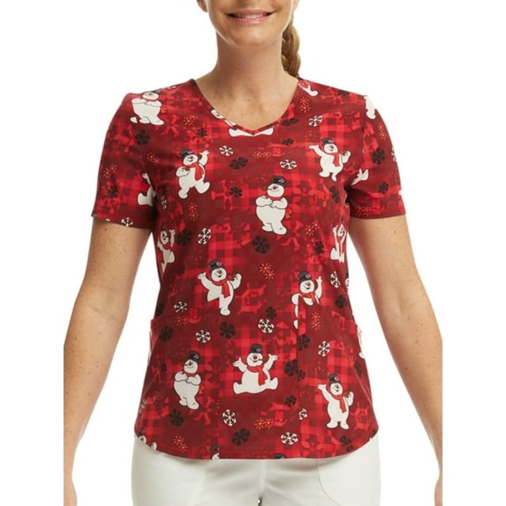 Frosty The Snowman Red Plaid Short Sleeve Nursing Scrub Top Women's Size XL